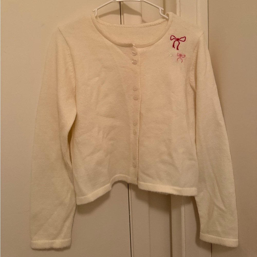 Cream Cardigan with Embroidered Bow